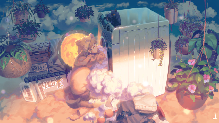1girl absurdres blonde_hair boots bottle cat clothes_on_floor cloud expressionless feiren_zai flower hanging_plant highres kneeling looking_at_another looking_at_viewer moon on_cloud plant shijohane sky socks solo sweater washing_machine wool xiaoyu_(fei_ren_zai)