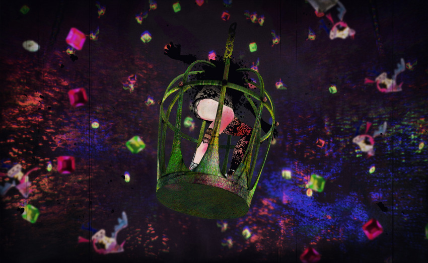 1girl artist_request birdcage black_gloves cage elbow_gloves film_grain floral_print game_cg gem gloves headless highres lingerie long_sleeves mahou_shoujo_madoka_magica mahou_shoujo_madoka_magica_magia_exedra official_art purple_background roberta_(madoka_magica) solo underwear witch&#039;s_labyrinth witch_(madoka_magica)