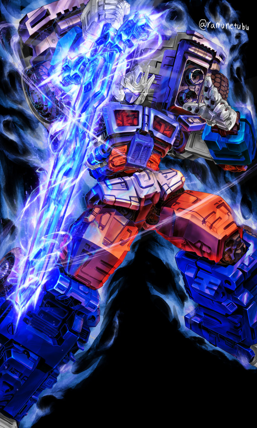 autobot glowing glowing_eyes highres holding holding_sword holding_weapon large_variant_set mecha no_humans open_hand purple_eyes robot science_fiction solo sword transformers twitter_username ultra_magnus uungunover variant_set weapon