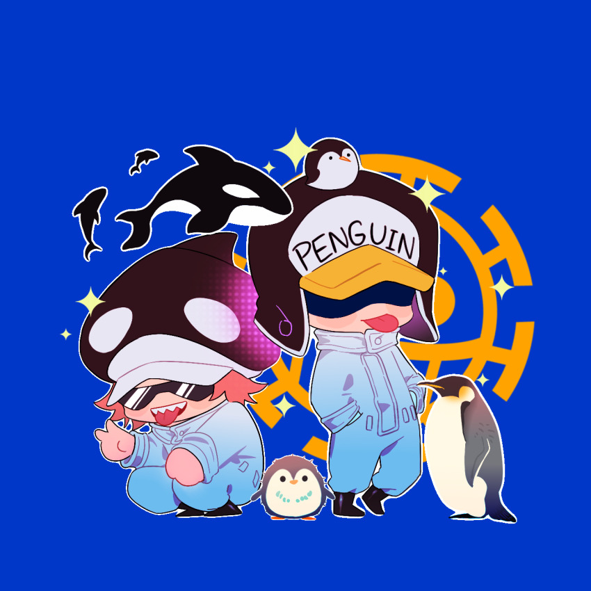 2boys :p animal animal_hat bird black_boots blue_background boots brown_hair chibi covered_eyes emperor_penguin english_text full_body galiguomin hands_in_pocket hat heart_pirates_jolly_roger highres jolly_roger jumpsuit kneeling male_focus multiple_boys on_head one_piece orca penguin penguin_(one_piece) shachi_(one_piece) sharp_teeth short_hair sparkle standing sunglasses teeth tongue tongue_out upper_teeth_only v