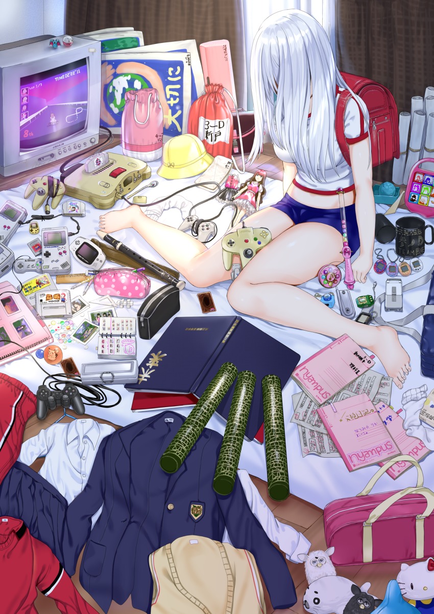 1girl aldehyde backpack bag bare_legs barefoot blazer book breasts card cardigan cartridge controller cup curtains doll dualshock electrode_(pokemon) female_focus flute full_body furby game_boy game_boy_(original) game_boy_advance game_boy_color game_console game_controller gamepad gen_1_pokemon hair_over_face handbag handheld_game_console hat hello_kitty highres indoors instrument jacket long_hair mario_(series) mario_kart medium_breasts messy_room mug neeko_(aldehyde) neet nintendo notepad ojamajo_doremi on_bed original otaku_room pencil_case pikachu playstation_controller pocket_pikachu pokemon pokemon_(creature) randoseru recorder room sanrio school_hat school_uniform shirt short_shorts short_sleeves shorts silver_hair sitting skirt solo stuffed_animal stuffed_toy sunlight super_mario_bros._1 tamagotchi tamagotchi_(classic) television toy track_jacket undersized_clothes wariza white_shirt window yu-gi-oh! yu-gi-oh!_duel_monsters zubat