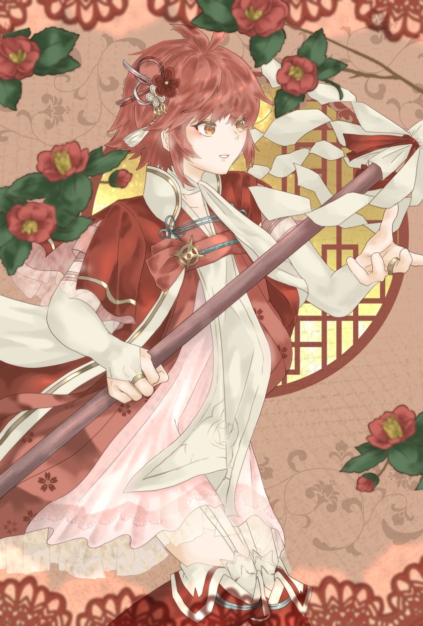 1girl alternate_costume fire_emblem fire_emblem_fates highres hinoka_(fire_emblem) holding holding_polearm holding_weapon japanese_clothes naginata nintendo polearm red_eyes red_hair short_hair sifil_amfr smile weapon