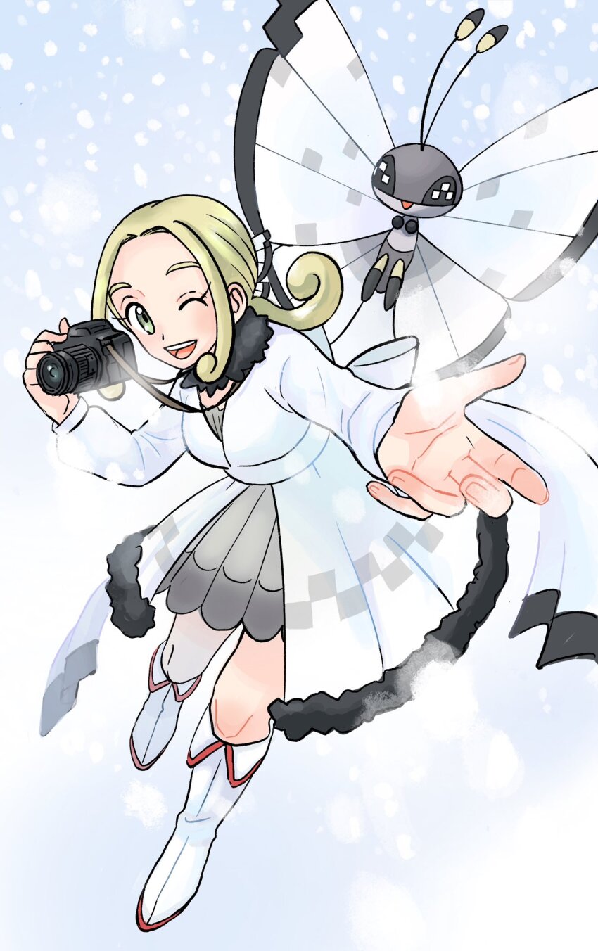1girl antennae blonde_hair boots butterfly_wings camera coat full_body game_freak gen_6_pokemon green_eyes highres holding holding_camera in_pasio insect_wings nintendo official_alternate_costume one_eye_closed pokemon pokemon_(creature) pokemon_masters_ex viola_(holiday_2023)_(pokemon) viola_(pokemon) vivillon vivillon_(icy_snow) white_coat white_footwear wings