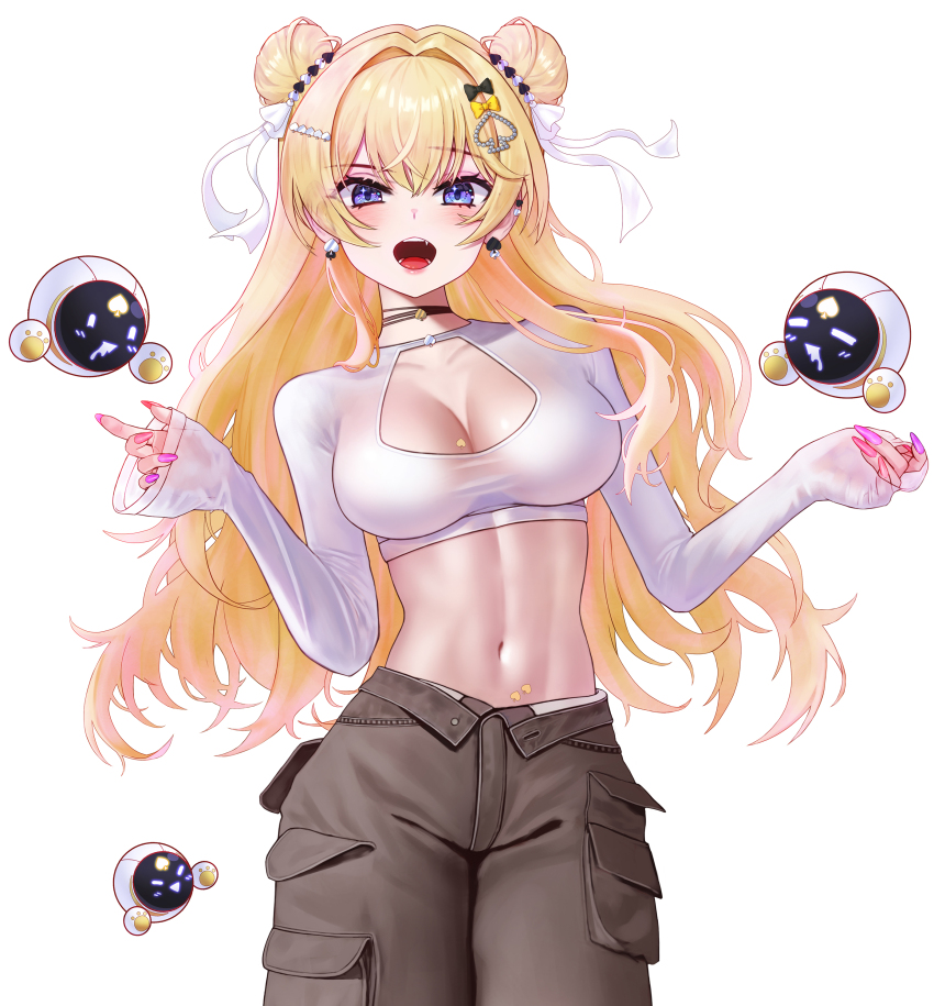 1girl absurdres baggy_pants blonde_hair breasts brown_pants cargo_pants character_request cleavage collarbone commentary_request copyright_request cropped_shirt double_bun eruthu fang hair_between_eyes hair_bun hair_intakes highres large_breasts looking_at_viewer open_fly open_mouth pants pink_nails shirt sleeves_past_wrists solo toned toned_female white_background white_shirt