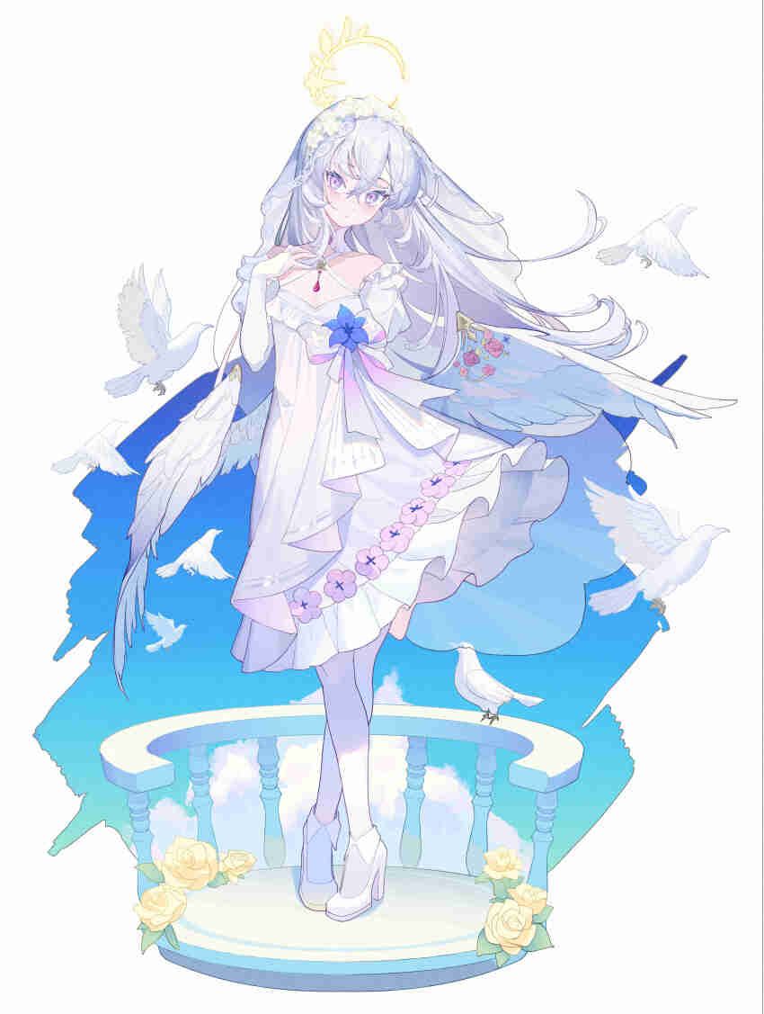 1girl absurdres arm_behind_back azusa_(blue_archive) bird blue_archive blush breasts bridal_gauntlets bridal_veil bride dress feathered_wings full_body halo head_tilt highres ice_(icepuli) looking_at_viewer pantyhose pigeon purple_eyes small_breasts solo veil wedding_dress white_dress white_footwear white_pantyhose white_wings wings