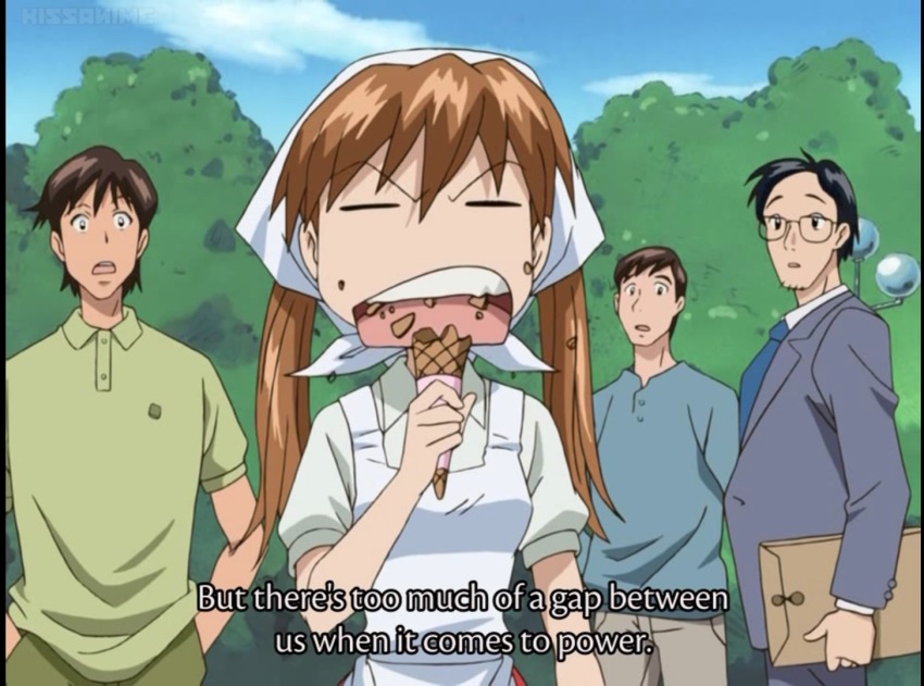 00s 1girl 3boys anime_screenshot blouse collared_shirt day eating english_text ice_cream_cone multiple_boys muteki_kanban_musume onimaru_miki outdoors shirt solo_focus standing v-shaped_eyebrows white_shirt