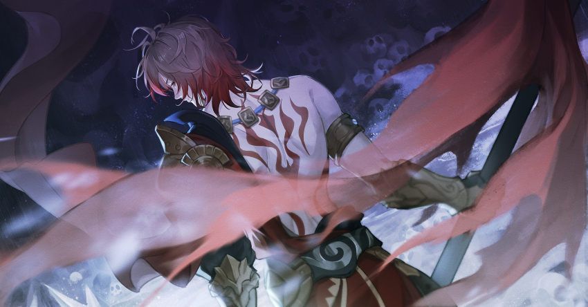 1boy 528562092 absurdres armlet armor armored_gloves back_tattoo black_coat blonde_hair coat commentary from_behind gold_armlet gold_necklace highres holding holding_polearm holding_weapon honkai:_star_rail honkai_(series) jewelry male_focus medium_hair mydei_(honkai:_star_rail) necklace open_clothes open_coat pauldrons pile_of_skulls polearm red_hair red_tattoo shoulder_armor single_pauldron solo tattoo toned toned_male weapon yellow_eyes