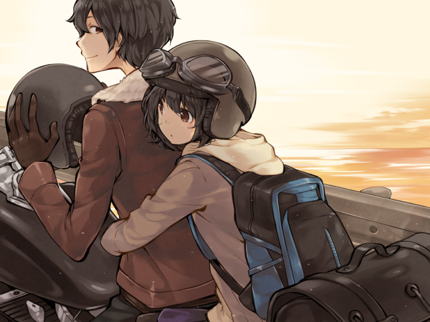 1boy 1girl amami_akira bag black_hair brown_eyes chiko_(mizuho) goggles unworn_headwear helmet unworn_helmet hetero hug hug_from_behind kamen_rider kamen_rider_hibiki_(series) kamen_rider_ibuki motor_vehicle motorcycle multiple_riders vehicle