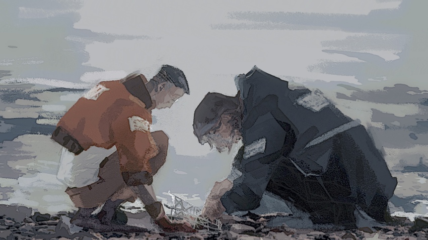 2boys black_hair black_jacket bomber_jacket brown_hair brown_pants commentary disco_elysium from_side hair_behind_ear harry_du_bois hashtag-only_commentary highres holdwatermaster jacket kim_kitsuragi long_sleeves male_focus multiple_boys orange_jacket painterly pants shirt short_hair squatting white_shirt