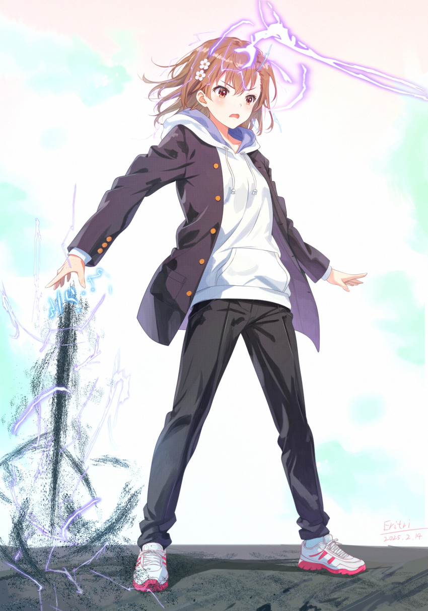 1girl a_certain_high_school_uniform alternate_costume black_jacket black_pants borrowed_clothes brown_eyes brown_hair cosplay crossdressing crossdressing_(ftm) electricity electrokinesis eritri full_body gakuran hair_ornament hairpin highres hood hoodie jacket jacket_over_hoodie kamijou_touma kamijou_touma_(cosplay) long_sleeves magnetism medium_hair metal_sand misaka_mikoto open_clothes open_jacket open_mouth pants revision school_uniform shoes simple_background sneakers solo standing toaru_majutsu_no_index toaru_majutsu_no_index:_new_testament variant_set white_background white_hoodie white_shoes
