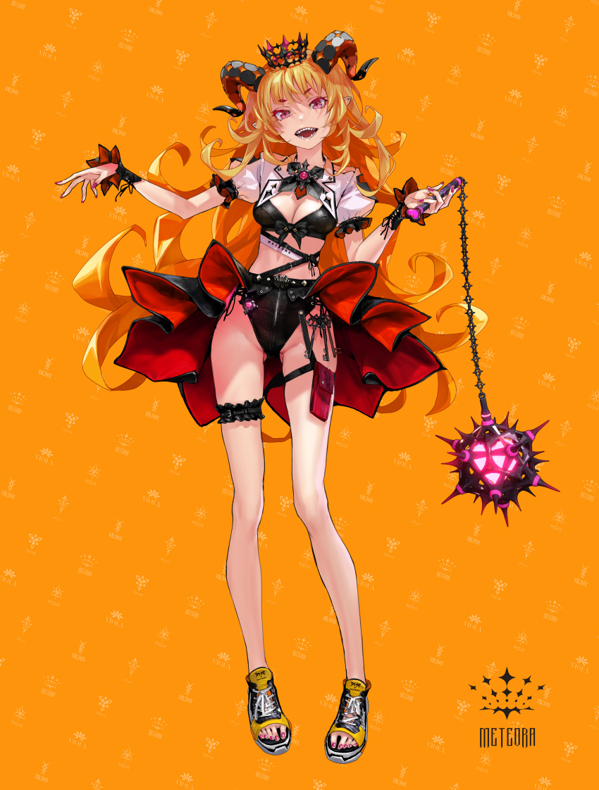 1girl :d absurdres bare_arms bare_legs barefoot belt_around_waist bikini breasts cleavage crop_top crown curly_hair diamond-shaped_pupils diamond_(shape) evil_smile fingernails flail full_body girls_from_hell goat_horns hands_up highleg highleg_panties highres holding holding_weapon horns key logo long_hair meteora_(girls_from_hell) nail_polish open_mouth orange_background orange_hair panties pink_eyes pointy_ears pouch puffy_sleeves redjuice sandals sharp_fingernails short_eyebrows simple_background skirt smile solo swimsuit symbol-shaped_pupils thigh_pouch underwear very_long_hair weapon wrist_cuffs