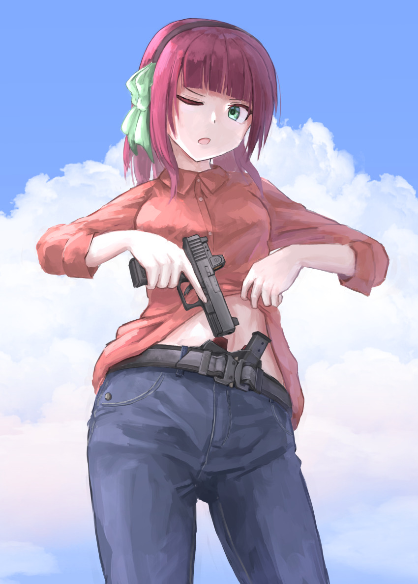 1girl absurdres alternate_costume angel_beats! belt black_hairband bow casual clothes_lift cloud commentary_request commission cowboy_shot d-sawa613 day denim dress_shirt from_below glock green_bow green_eyes gun gunbelt hair_bow hairband handgun hands_up highres holding holding_gun holding_weapon jeans lifting_own_clothes looking_at_viewer medium_hair nakamura_yuri one_eye_closed open_mouth outdoors pants purple_hair red_shirt shirt shirt_lift skeb_commission solo standing stomach straight_hair v-shaped_eyebrows weapon
