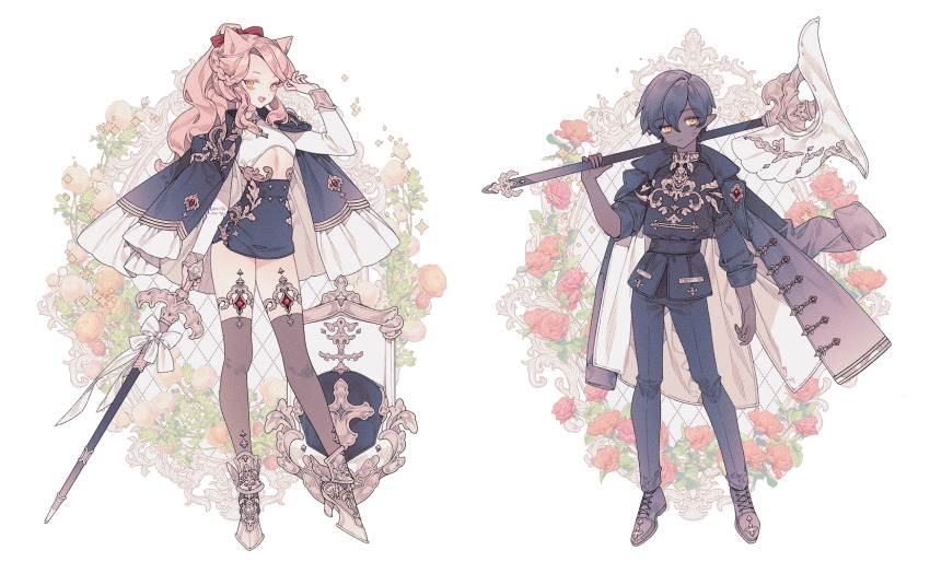 1boy 1girl boots character_request copyright_request dark_skin dress flat_chest flower gloves highres holding holding_weapon lemon89h long_hair looking_at_viewer pink_hair rococo_movement rose skirt standing sword thighhighs weapon yellow_eyes