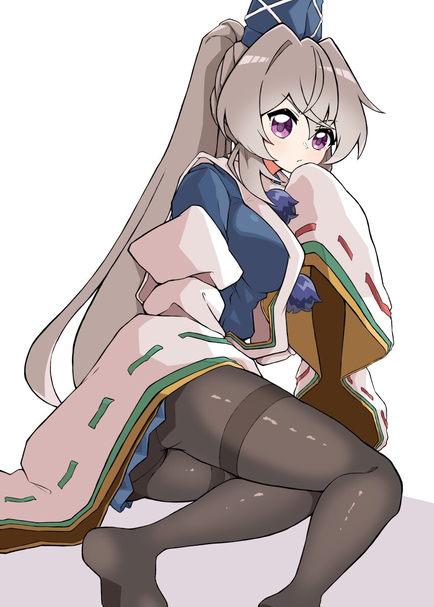 1girl absurdres ass blue_dress blue_hat blush breasts closed_mouth commentary_request detached_sleeves dress full_body grey_hair grey_pantyhose gurajio hair_between_eyes hat high_ponytail highres large_breasts looking_at_viewer mononobe_no_futo no_shoes pantyhose ponytail purple_eyes ribbon-trimmed_sleeves ribbon_trim simple_background solo tate_eboshi thighband_pantyhose touhou v-shaped_eyebrows white_background white_sleeves