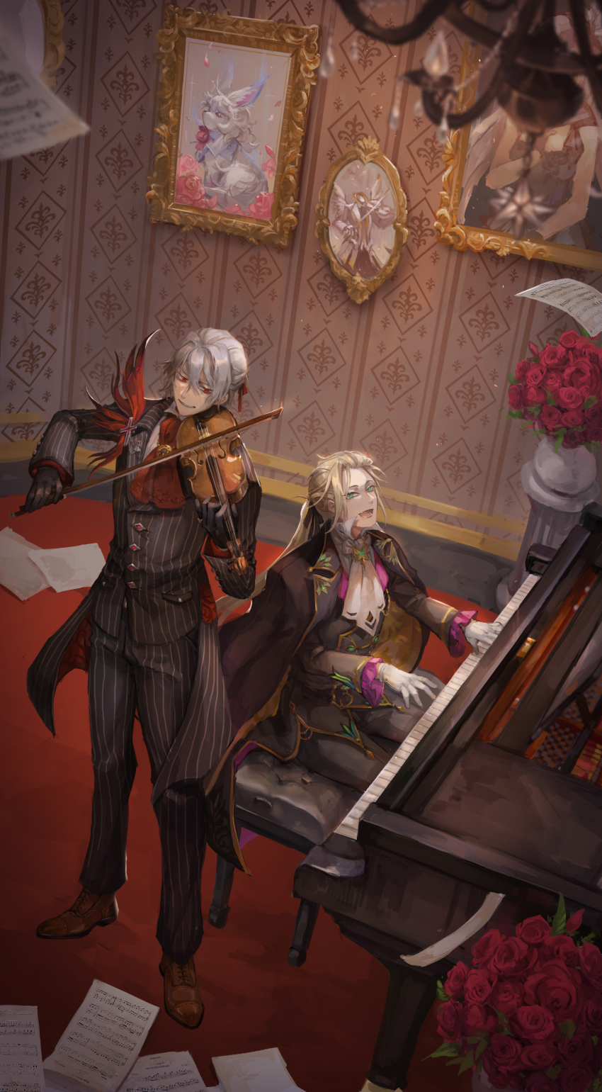 2boys absurdres antonio_salieri_(fate) antonio_salieri_(second_ascension)_(fate) ascot black_gloves black_ribbon blonde_hair blurry blurry_foreground bow_(music) brooch chandelier coat coat_on_shoulders coattails cross fang fate/grand_order fate_(series) fleur-de-lis flower formal_clothes fou_(fate) frilled_sleeves frills gloves green_eyes grey_hair hair_between_eyes hair_intakes hair_ribbon hakuyo_99 highres holding_instrument holding_violin indoors instrument jewelry light_particles long_hair long_sleeves looking_at_another male_focus marie_antoinette_(fate) marie_antoinette_(formal_dress)_(fate) multiple_boys music open_mouth piano piano_bench pillar pinstripe_pattern pinstripe_suit playing_instrument playing_piano ponytail portrait_(object) red_ascot red_eyes red_flower red_ribbon red_rose ribbon rose sheet_music short_hair sitting skin_fang slit_pupils smile standing striped suit vase violin white_ascot white_gloves wolfgang_amadeus_mozart_(fate)