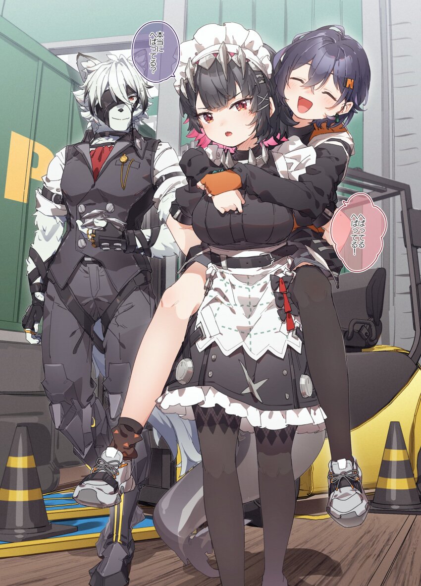1boy 2girls absurdres asymmetrical_legwear belle_(zenless_zone_zero) belt black_belt black_dress black_hair black_pantyhose black_socks black_thighhighs blue_hair carrying closed_eyes colored_inner_hair dress ellen_joe fingerless_gloves fins fish_tail gloves hair_between_eyes hair_ornament highres hood hooded_jacket jacket letter_hair_ornament maid maid_headdress multicolored_hair multiple_girls open_clothes open_jacket open_mouth orange_gloves pantyhose piggyback red_eyes red_hair shark_girl shark_tail shoes short_hair single_glove smile socks speech_bubble standing tail thighhighs uneven_legwear von_lycaon yukie_(kusaka_shi) zenless_zone_zero