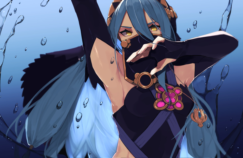 1girl arm_up armpits azura_(fire_emblem) azura_(lady_of_ballads)_(fire_emblem) black_bridal_gauntlets blue_hair bridal_gauntlets elbow_gloves fingerless_gloves fire_emblem fire_emblem_fates gloves hair_between_eyes headdress highres jewelry long_hair looking_at_viewer mouth_veil nintendo official_alternate_costume pendant seinikuten solo upper_body veil water water_drop yellow_eyes