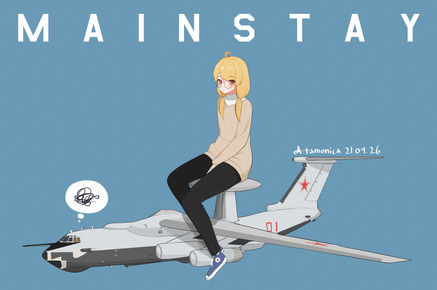 1girl airborne_early_warning_and_control aircraft artist_name atamonica beriev_a-50 blonde_hair blue_background blush brown_sweater closed_mouth dated expressionless full_body glasses highres jet_engine long_hair long_sleeves looking_at_viewer military military_vehicle original personification radar_dish red_eyes red_star rimless_eyewear simple_background sitting solo speech_bubble star_(symbol) sweater thought_bubble vehicle_and_personification vehicle_name