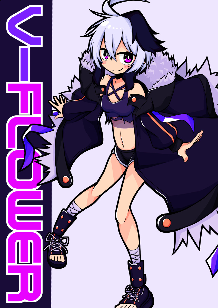 1girl absurdres ahoge bandaged_leg bandages black_footwear black_shorts blush_stickers breasts bright_pupils character_name collarbone feet flower_(vocaloid) flower_(vocaloid4) fur-trimmed_hoodie fur_trim hair_between_eyes highres hood hood_down hoodie hoshi_shimeji_(yuki-e-toriusu1) leg_up long_hoodie navel purple_eyes purple_hair purple_hoodie purple_tank_top short_hair shorts sidelocks simple_background small_breasts smile tank_top vocaloid white_background white_hair white_pupils
