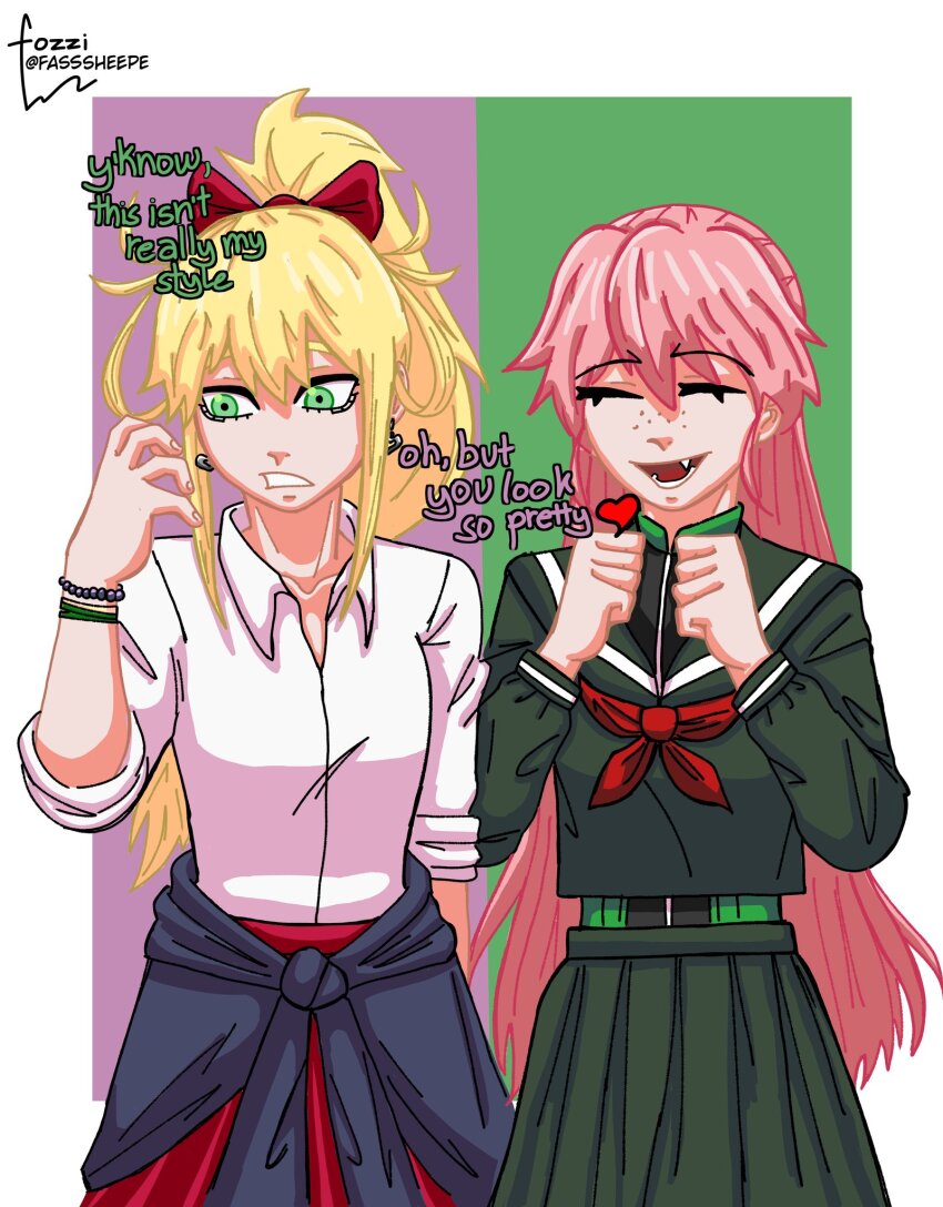 blonde_hair closed_eyes clothes_around_waist cosplay costume_switch crossover english_text fasssheepe gina_(undead_unluck) green_shirt gyaru highres hisui_kanon long_hair multiple_girls pink_hair ponytail school_uniform sentai_daishikkaku shirt shirt_around_waist smile undead_unluck undersized_clothes