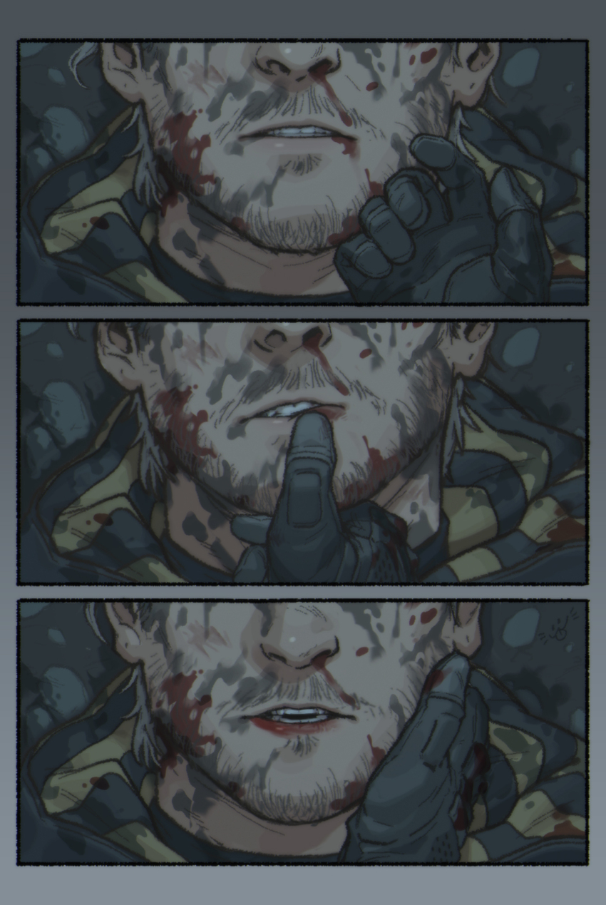 2boys black_gloves black_jacket couple death_stranding dirty dirty_clothes dirty_face facial_hair gloves grey_hair hamms_hamss hand_on_another&#039;s_face higgs_(death_stranding) highres jacket lips male_focus multiple_boys parted_lips sam_porter_bridges short_hair teeth yaoi