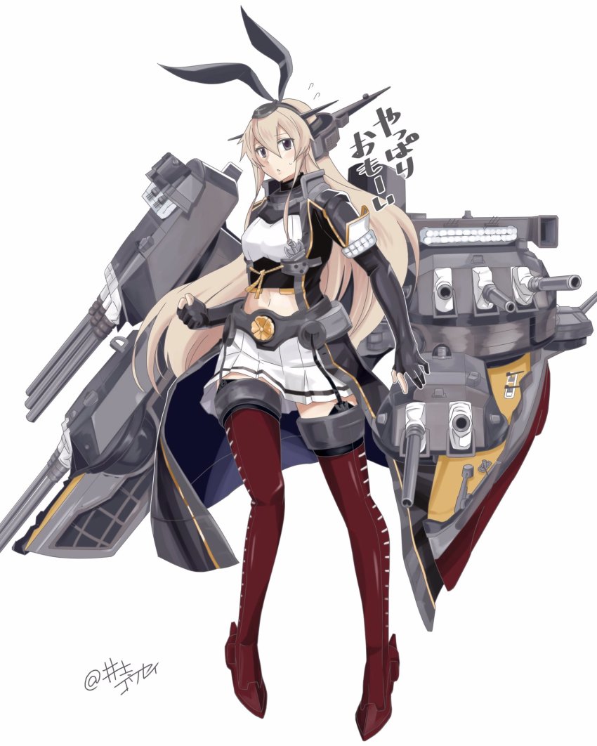 1girl animal_ears black_eyes black_gloves blonde_hair cannon commentary_request cosplay elbow_gloves fake_animal_ears female_focus fingerless_gloves full_body gloves hairband headgear highres inoue_kousei kantai_collection long_hair machinery miniskirt nagato_(kancolle) nagato_(kancolle)_(cosplay) pleated_skirt rabbit_ears red_thighhighs remodel_(kantai_collection) shimakaze_(kancolle) ship_turret simple_background skirt solo standing thighhighs white_background