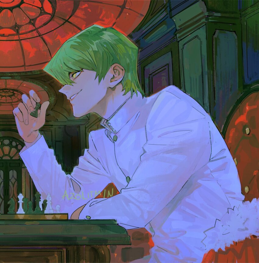 1boy azolitmin bishop_(chess) board_game chair chess chess_piece elbow_on_table green_hair highres indoors jacket kaiba_seto king_(chess) knight_(chess) male_focus on_chair pawn_(chess) queen_(chess) rook_(chess) short_hair sitting social_media_composition solo table thumbnail_collage upper_body white_jacket yellow_eyes yu-gi-oh! yu-gi-oh!_(toei)