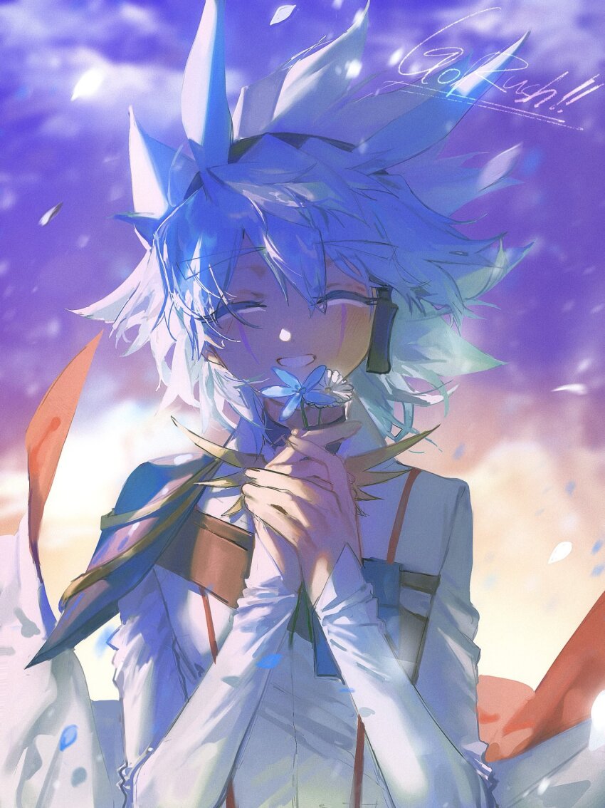 1boy alien_888 antenna_hair armor belt belt_pouch black_headphones blue_armor blue_hair blue_petals brown_belt cloak closed_eyes dappled_sunlight evening facial_mark facing_viewer falling_petals flower grin hands_on_own_chest hands_up highres holding holding_flower jacket light_particles male_focus orange_sky outdoors own_hands_together petals pouch purple_sky shirt shoulder_armor shoulder_pads sky smile spiked_hair sunlight white_arm_warmers white_cloak white_flower white_jacket white_shirt wind yu-gi-oh! yu-gi-oh!_go_rush!! yudias_velgear