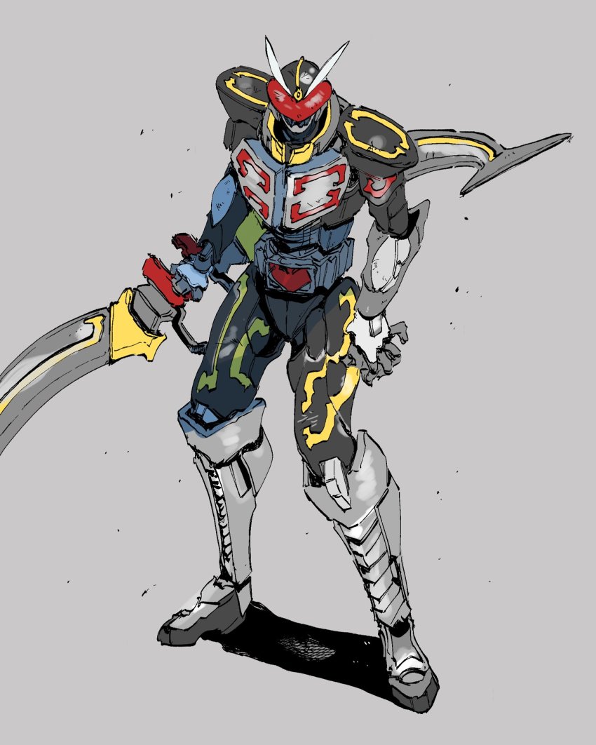 1boy armor black_armor black_bodysuit bodysuit boots bow_(weapon) cowboy_shot rider_belt full_body heart highres holding holding_weapon huge_weapon ichitaka_(1015ichitaka) kamen_rider kamen_rider_blade_(series) kamen_rider_chalice oversized_object praying_mantis rider_belt shadow shoulder_armor silver_footwear sketch visor weapon