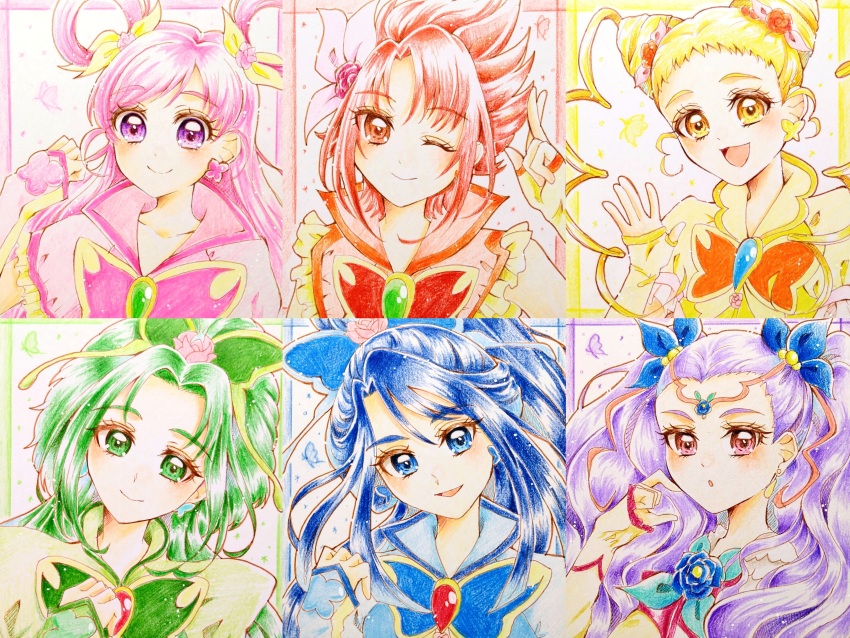 6+girls absurdres akimoto_komachi blonde_hair blue_border blue_eyes blue_hair border bow brooch bug butterfly butterfly_brooch butterfly_hair_ornament circlet closed_mouth cone_hair_bun cure_aqua cure_dream cure_lemonade cure_mint cure_rouge curly_sidelocks curtained_hair dot_nose double_bun earrings fingerless_gloves flower flower_brooch frills gloves green_border green_eyes green_hair hair_bow hair_bun hair_flower hair_ornament hair_rings high_ponytail highres insect jewelry kasugano_urara_(yes!_precure_5) long_hair looking_at_viewer magical_girl milky_rose mimino_kurumi minazuki_karen multiple_girls natsuki_rin one_eye_closed parted_bangs pink_border pink_flower pink_hair pink_rose ponytail precure purple_border purple_eyes purple_hair red_border red_eyes red_hair rose short_hair sidelocks smile spiked_hair tanshi_tanshi two_side_up upper_body wavy_hair yellow_border yellow_bow yellow_eyes yellow_gloves yes!_precure_5 yes!_precure_5_gogo! yumehara_nozomi