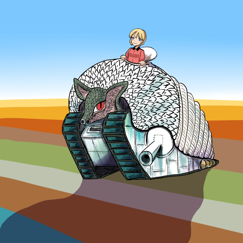 10s 1girl armadillo artist_request blonde_hair blue_eyes braid darjeeling_(girls_und_panzer) emerson_lake_&amp;_palmer girls_und_panzer highres looking_at_viewer military military_vehicle motor_vehicle red_shirt shirt tank tarkus tarkus_(album)