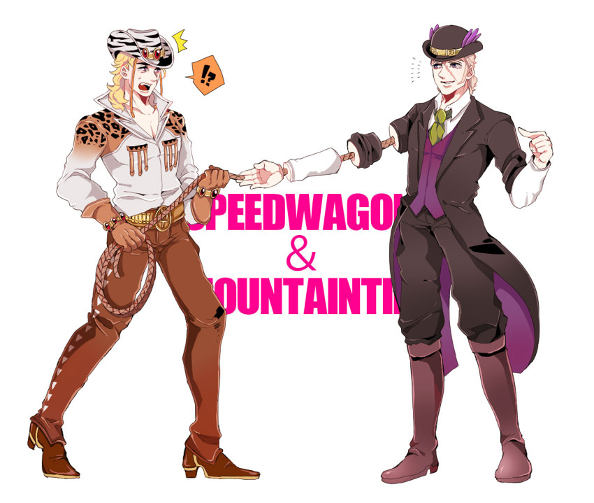!? 2boys ^^^ bad_id bad_pixiv_id blonde_hair boots bowler_hat character_name cosplay costume_switch cowboy cowboy_boots cowboy_hat cowboy_western full_body gloves hat jojo_no_kimyou_na_bouken kisaragi_yuu_(fallen_sky) lasso long_hair male_focus mountain_tim mountain_tim_(cosplay) multiple_boys oh!_lonesome_me_(stand) robert_e._o._speedwagon robert_eo_speedwagon_(cosplay) scar simple_background spurs stand_(jojo) steel_ball_run western white_background