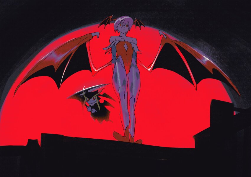 1girl bare_shoulders bat_wings black_wings closed_mouth darkstalkers from_below full_body fur_trim head_wings highres jedah_dohma leotard light_smile lilith_(darkstalkers) looking_at_viewer moon nun_0_nun pantyhose pink_hair print_pantyhose purple_pantyhose red_eyes red_leotard red_moon red_shoes shoes short_hair sketch wings