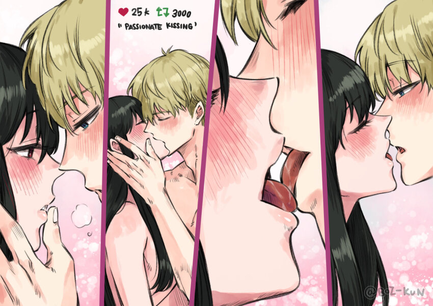 1boy 1girl bare_shoulders black_hair blonde_hair blush breasts closed_eyes couple french_kiss hetero highres husband_and_wife kiss long_hair looking_at_another nude open_mouth red_eyes rusky saliva short_hair sidelocks spy_x_family tongue tongue_out twilight_(spy_x_family) yor_briar