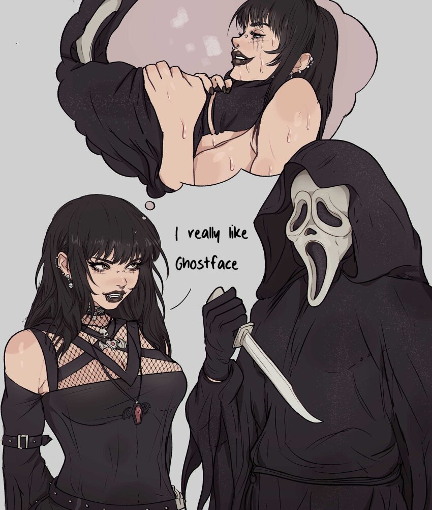 1boy 1girl absurdres belt black_choker black_gloves black_hair black_hood black_lips black_nails breasts choker ear_piercing earrings fishnet_top fishnets ghostface gloves goth_fashion grey_background highres holding holding_knife hood imagining jewelry knife large_breasts lip_piercing lip_ring long_hair makeup mask necklace nose_piercing nose_ring pendant_choker piercing runny_makeup scream_(movie) smile speech_bubble strangling thought_bubble topless_female yellow_eyes yoracrab