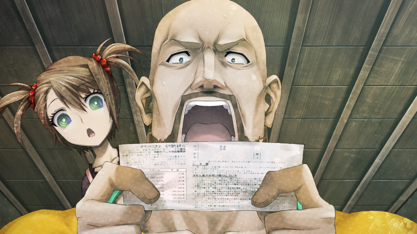 1boy 1girl :o apron aqua_eyes bald beard blouse brown_hair constricted_pupils dress facial_hair father_and_daughter fingernails from_below game_cg green_apron green_eyes hair_between_eyes hair_tie highres holding_bill huke indoors looking_at_bill muscular muscular_male nervous_sweating non-web_source official_art open_mouth pinafore_dress pink_dress purple_shirt ringed_eyes shirt short_twintails shouting sidelocks sleeveless sleeveless_dress square_pupils standing steins;gate steins;gate:_linear_bounded_phenogram surprised sweat teeth tennouji_nae tennouji_yuugo tongue twintails wooden_ceiling yellow_shirt