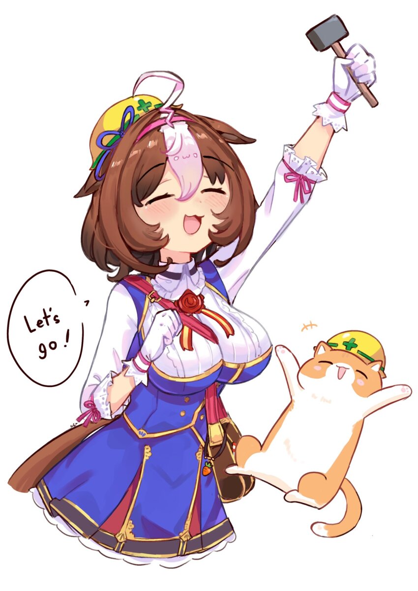 1girl ahoge animal_ears bag between_breasts blue_dress blush bow breasts brown_hair carrot_charm cat closed_mouth double-parted_bangs dress ear_ribbon english_text gloves hair_between_eyes hairband hammer hard_hat headband helmet highres holding holding_hammer horse_ears horse_girl horse_tail large_breasts long_sleeves medium_hair meisho_doto_(turbulent_blue)_(umamusume) meisho_doto_(umamusume) meto_(cat) multicolored_hair open_mouth pink_hairband pink_headband short_hair shoulder_bag simple_background smile speech_bubble strap_between_breasts tail two-tone_hair ukichan22905846 umamusume white_background white_dress white_gloves white_hair yellow_helmet