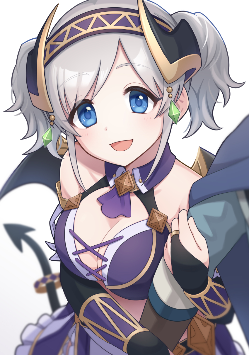 1boy 1girl absurdres akari_(princess_connect!) arm_hug blue_eyes blurry blurry_background breast_press breasts bridal_gauntlets cleavage collarbone commentary cross-laced_clothes cross-laced_top demon_tail demon_wings detached_collar fake_horns frilled_skirt frills gem_hair_ornament goroo_(goropii) hairband halterneck highres horned_headwear horns large_breasts looking_at_viewer low_wings miniskirt open_mouth princess_connect! shadow short_twintails simple_background skirt smile solo_focus tail twintails upper_body white_background wings yuuki_(princess_connect!)