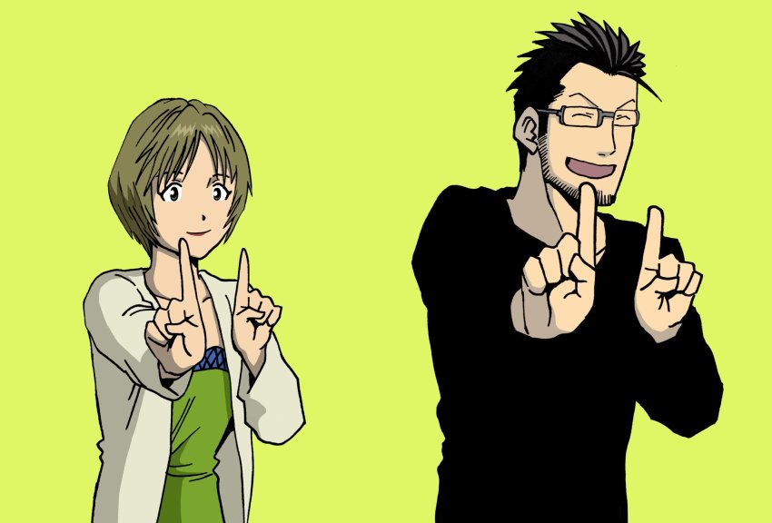 1boy 1girl :d ^_^ beard beige_cardigan black_hair black_shirt brown_hair cardigan closed_eyes closed_mouth collarbone commentary_request couple dancing dot_nose eyelashes closed_eyes facial_hair fullmetal_alchemist glasses gracia_hughes green_background green_eyes grey-framed_eyewear grey_shirt hands_up happy height_difference hetero highres husband_and_wife index_finger_raised koi_dance laughing lee_(dragon_garou) lipstick long_sleeves looking_away maes_hughes makeup open_cardigan open_clothes open_mouth outstretched_hand red_lips semi-rimless_eyewear shirt short_hair side-by-side simple_background smile standing strapless strapless_shirt upper_body v-shaped_eyebrows very_short_hair