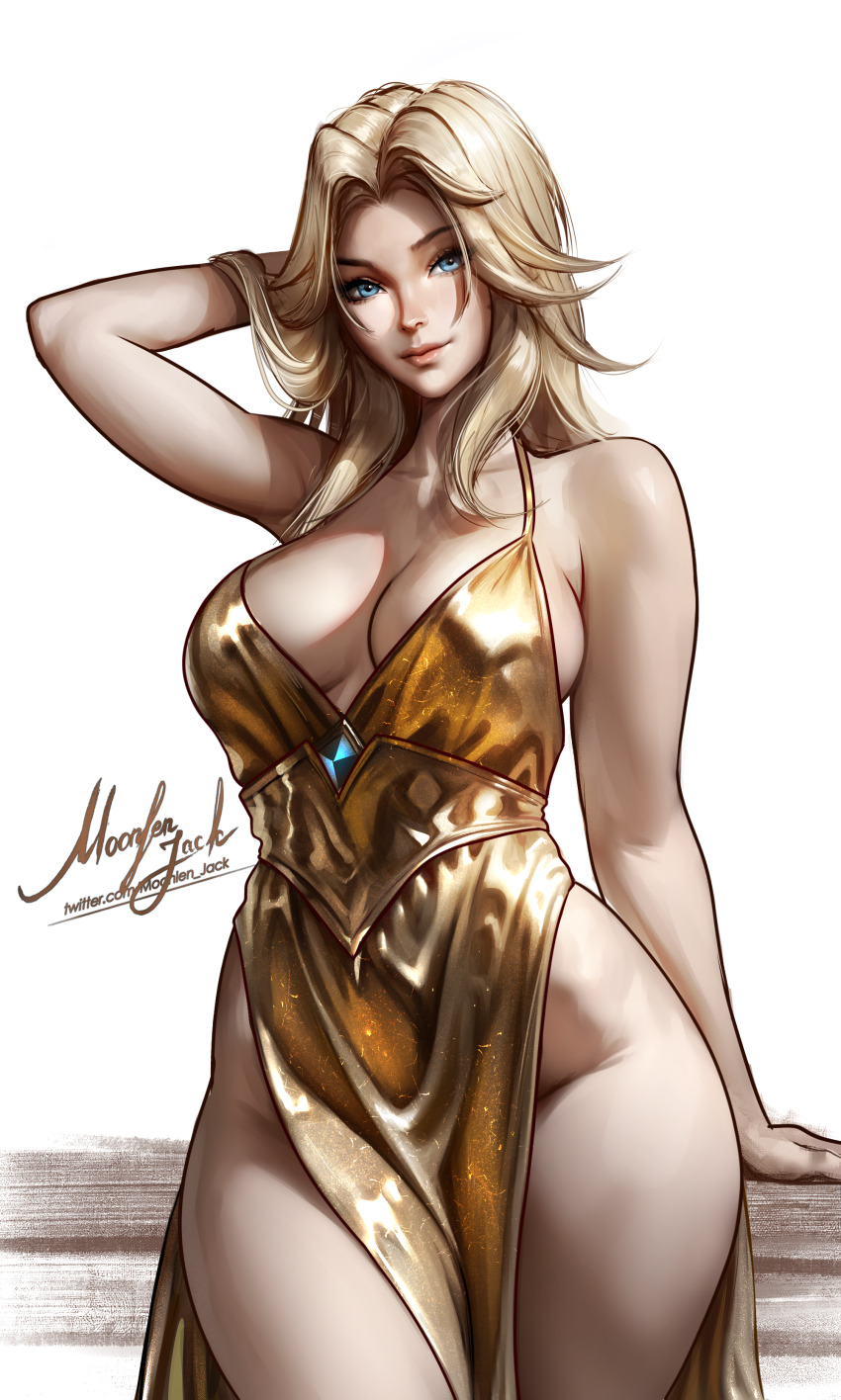 1girl absurdres alternate_costume arm_behind_back arm_behind_head arm_support arm_up artist_name bare_arms blonde_hair blue_eyes blue_gemstone bottomless breasts cleavage closed_mouth collarbone commentary cowboy_shot curtained_hair dress english_commentary fantastic_four forehead gem gold_dress highres large_breasts long_hair looking_at_viewer marvel marvel_rivals moonlen-jack nose parted_hair side_slit sideboob solo sparkle sue_storm thighs v-shaped_eyebrows watermark web_address white_background