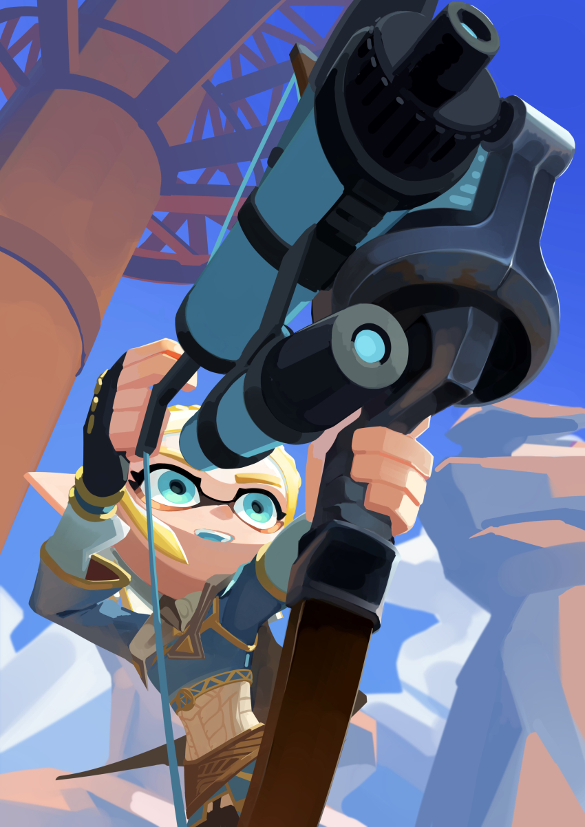 1girl absurdres aiming alternate_species aqua_eyes aqua_tongue armor blonde_hair blue_shirt blue_sky blurry braided_sidelock cowboy_shot crop_top crossover day depth_of_field from_below hands_up highres holding holding_weapon inkling looking_ahead nintendo no_lineart odonkikun outdoors parted_lips pillar_(landform) pointy_ears princess_zelda shirt short_hair sky solo splatoon_(series) teeth the_legend_of_zelda the_legend_of_zelda:_breath_of_the_wild tower tri-stringer_(splatoon) two-handed upper_teeth_only weapon wind