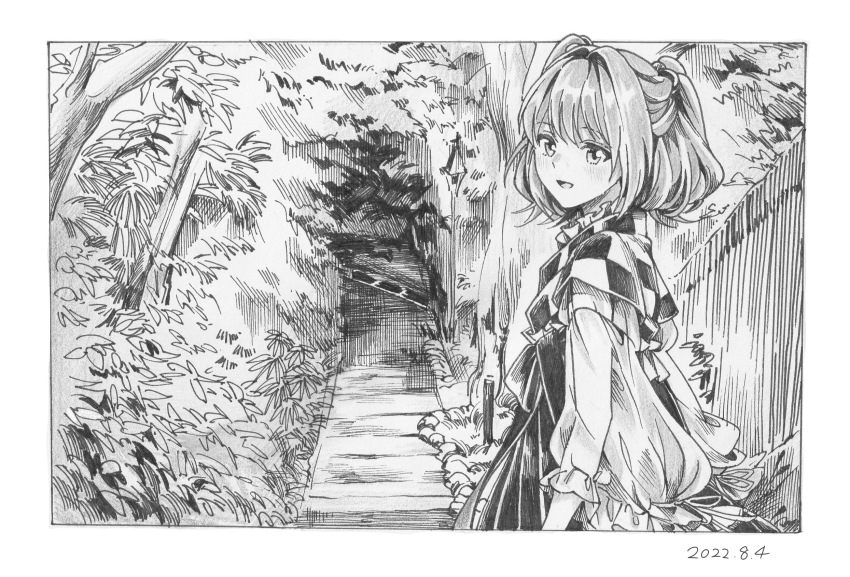 1girl :d apron ashi_(dongshi389) bell blush border checkered_clothes checkered_kimono commentary_request dated greyscale hair_bell hair_ornament highres japanese_clothes jingle_bell kimono looking_at_viewer looking_back monochrome motoori_kosuzu open_mouth short_hair skirt smile solo touhou traditional_media tree twintails two_side_up white_border