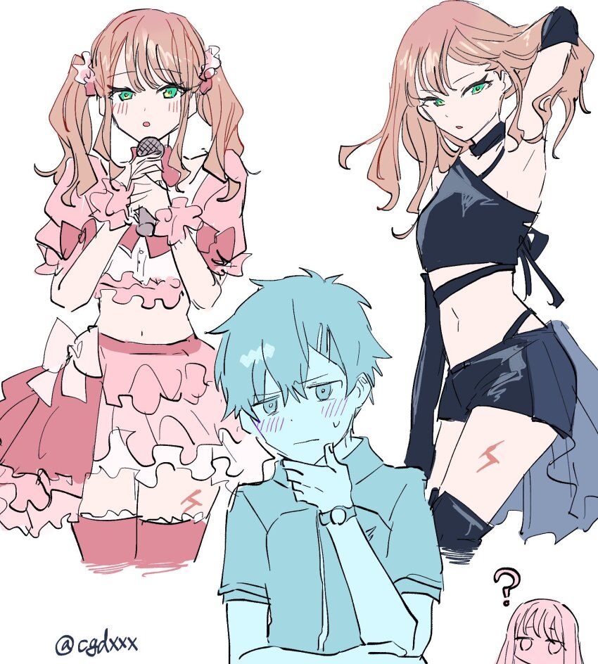 1boy 1girl ? asanaka_yomogi bare_shoulders blush breasts brown_hair frills gloves green_eyes gridman_universe gridman_universe_(movie) hair_ornament hetero highres himagosan holding holding_microphone idol idol_clothes long_hair looking_at_viewer microphone minami_yume open_mouth ribbon scar scar_on_leg shirt short_hair skirt sleeveless watch