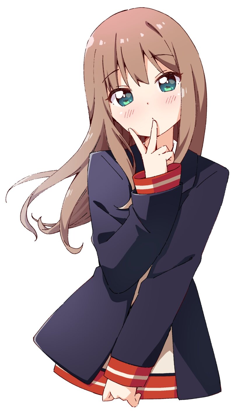 1girl black_jacket blush brown_hair closed_mouth commentary cropped_torso green_eyes gridman_universe hand_up haru_(konomi_150) highres jacket long_hair long_sleeves looking_at_viewer minami_yume open_clothes open_jacket shirt simple_background solo ssss.dynazenon v white_background white_shirt