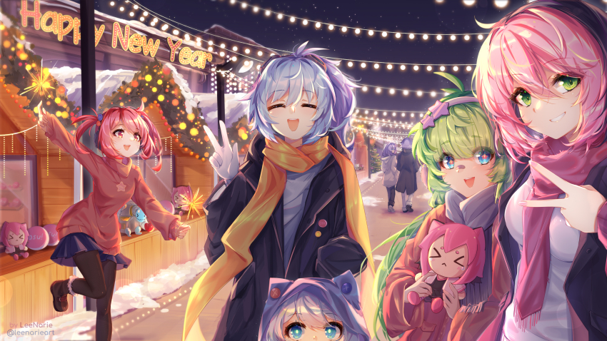 &gt;_&lt; 2boys 5girls :&lt; ^_^ aiko_(osu!) antenna_hair black_coat black_hair black_pants black_pantyhose blue_eyes blue_hair blue_skirt blunt_bangs blush breasts brother_and_sister brown_coat character_doll chirou_(osu!) closed_eyes closed_mouth coat colored_bangs commentary doll english_commentary facing_viewer frown gloves green_eyes green_hair grey_coat grey_pants grey_scarf grin hair_between_eyes hair_intakes hand_in_pocket happy_new_year highres holding holding_doll hood hood_up leenarieart leg_up light_blue_hair long_hair long_sleeves mani_(osu!) mari_(osu!) medium_breasts medium_hair miniskirt mocha_(osu!) multicolored_hair multiple_boys multiple_girls new_year night open_clothes open_coat orange_scarf orange_sweater osu! outdoors pants pantyhose pink_hair pink_scarf pippi_(osu!) pleated_skirt ponytail purple_hair red_eyes red_pupils scarf short_hair siblings skirt smile snow standing standing_on_one_leg star-shaped_pupils star_(symbol) sweater symbol-shaped_pupils taikonator_(osu!) teeth twins twintails two-tone_hair upper_teeth_only w white_gloves white_sweater yuzu_(osu!)