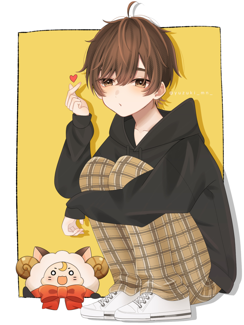 1boy ahoge amatsuki_(utaite) animal animal_costume black_hoodie black_jacket border bow brown_eyes brown_hair cat collarbone copyright_request finger_heart half-closed_eyes heart highres hood hoodie horns hugging_own_legs indie_utaite jacket long_bangs long_sleeves male_focus masamune_(amatsuki) niconico open_mouth outside_border pants plaid_clothes plaid_pants red_bow sheep_costume sheep_horns shoes squatting twitter_username utaite white_border white_footwear yellow_background yellow_pants yuzuki_yuzuru