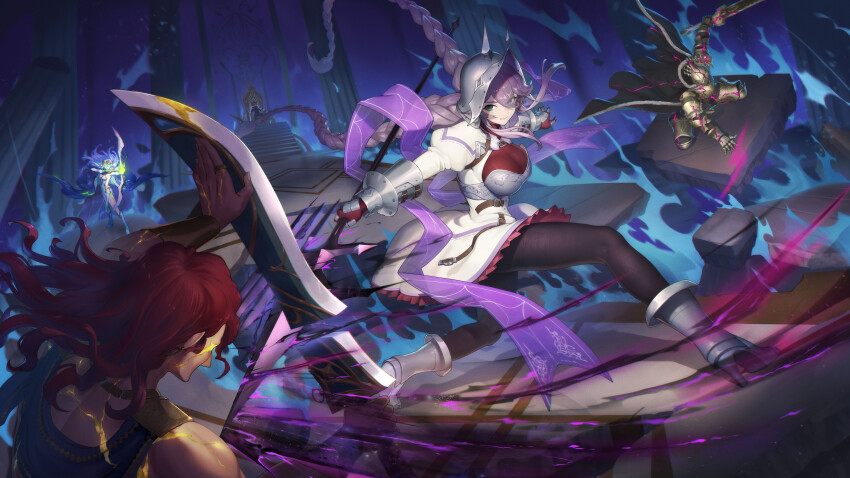 2girls 3boys absurdres ambiguous_gender armor armored_boots bare_shoulders belt black_cape black_pantyhose blocking blue_fire boots bow_(weapon) braid breastplate breasts broken_pillar cape chair cleavage closed_mouth commentary cracked_skin debris drawing_bow dress english_commentary fire floating floating_object frilled_dress frills full_armor fur-trimmed_cape fur_trim gauntlets greaves green_eyes hand_on_ground hand_on_weapon hands_up head_rest headpiece helmet high_heel_boots high_heels highres holding holding_bow_(weapon) holding_polearm holding_sword holding_weapon indoors jewelry knight kp_comics_studios large_breasts leg_armor legs_apart long_hair mixed-sex_combat multiple_boys multiple_girls muscular muscular_male original pantyhose pauldrons pillar plate_armor polearm purple_hair red_hair ring short_dress shoulder_armor sitting slashing sliced solo_focus squatting sword throne throne_room twin_braids weapon white_dress