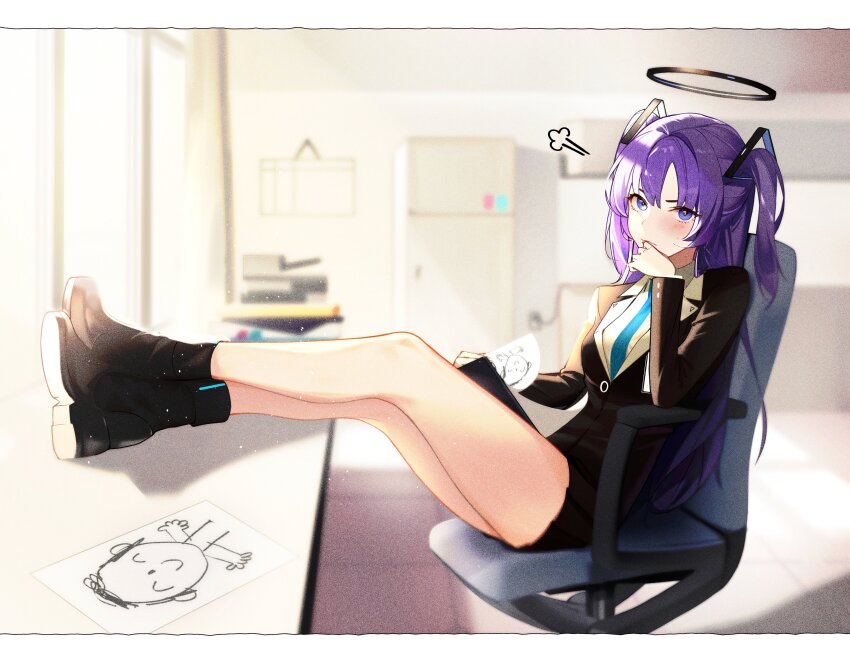 1girl absurdres black_boots black_halo black_jacket black_skirt blue_archive blue_necktie blurry blush boots chair collared_shirt depth_of_field dong_(art_woodong) doodle_sensei_(blue_archive) drawing_(object) from_side full_body halo hand_to_own_mouth hand_up highres holding holding_notepad indoors jacket legs legs_on_table letterboxed long_hair looking_at_viewer miniskirt necktie notepad office_chair on_chair parted_bangs pleated_skirt puff_of_air purple_eyes purple_hair refrigerator sensei_(blue_archive) shirt sitting skirt solo swivel_chair two_side_up v-shaped_eyebrows white_shirt yuuka_(blue_archive)