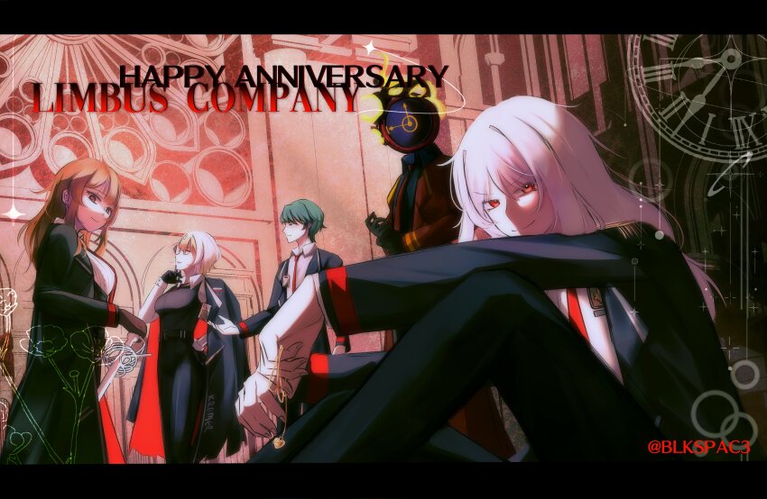 1other 2boys 2girls anniversary artist_name black_coat black_pants blkspac3 blonde_hair brown_eyes brown_hair catherine_(project_moon) clock closed_eyes coat collared_shirt copyright_name dante_(limbus_company) dongrang_(project_moon) english_text glasses green_eyes grey_eyes happy_anniversary highres kromer_(project_moon) la_manchaland&#039;s_don_quixote_(project_moon) lcb_uniform_(project_moon) limbus_company long_hair looking_at_viewer multicolored_hair multiple_boys multiple_girls necktie object_head pants project_moon red_eyes red_necktie shirt short_hair twitter_username two-tone_hair white_hair white_shirt