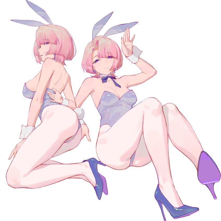 1girl absurdres arimura_mao blue_bow blue_bowtie blue_leotard bow bowtie breasts detached_collar gakuen_idolmaster high_heels highres idolmaster leotard long_hair medium_breasts multiple_views pantyhose pink_hair playboy_bunny purple_eyes ren_huozhe solo white_background white_pantyhose wrist_cuffs